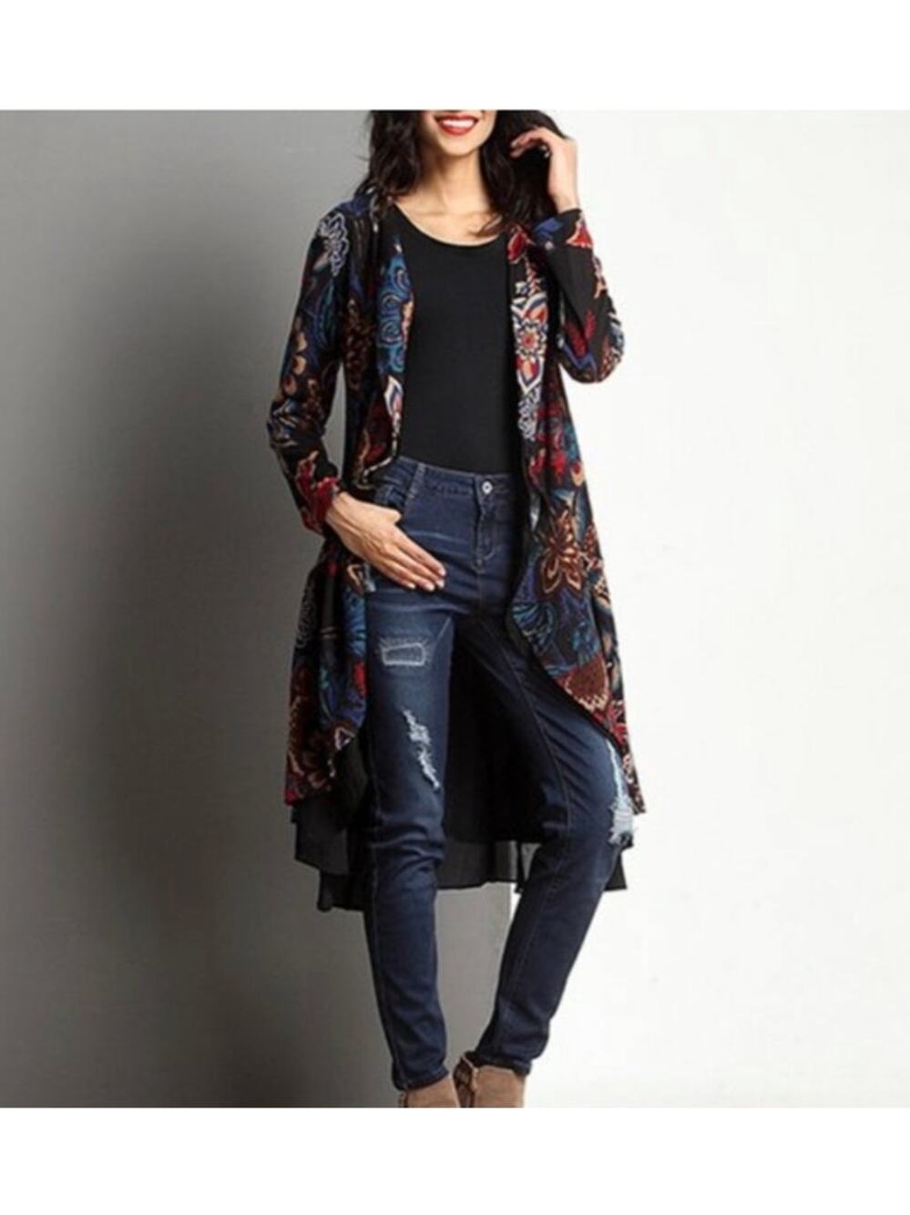 Boho Floral Cardigan Duster Artsy Layered Waterfall Detail Statement Reborn Lg